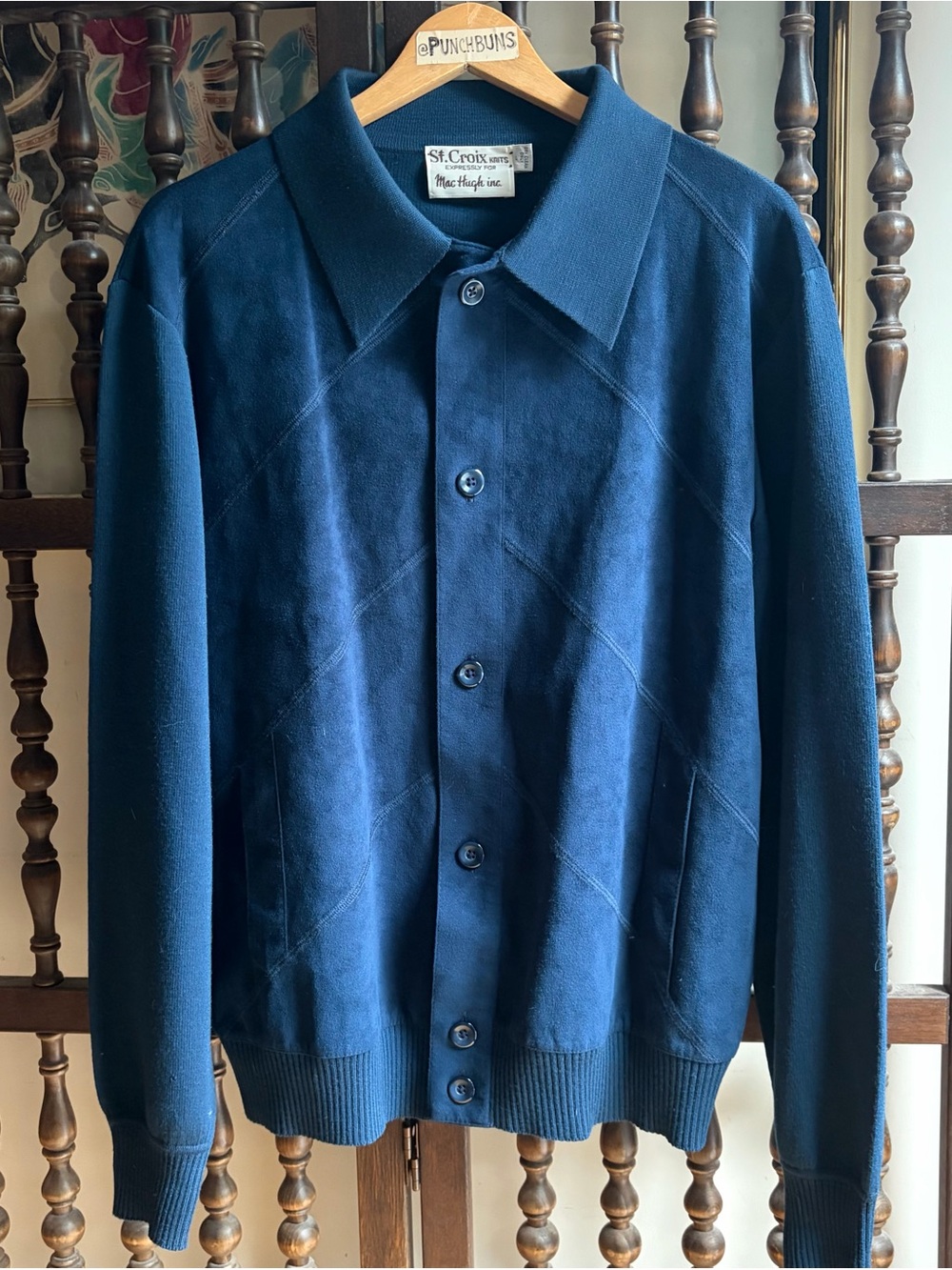 ST. CROIX KNITS Vintage 1970s Blue Faux Suede & Wool Button-Up Cardigan Jacket